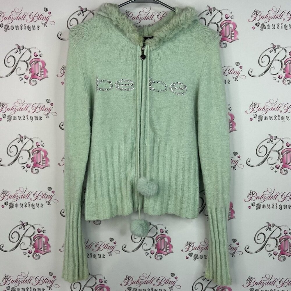 Bebe angora rabbit fur sweater hoodie Light Green Ribbed Sweater with Pom-Poms